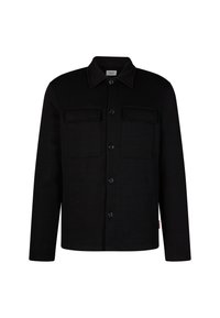 Giacca nera con collo a camicia, due tasche sul petto, chiusura frontale con bottoni e maniche lunghe. Realizzata in materiale tessuto testurizzato.