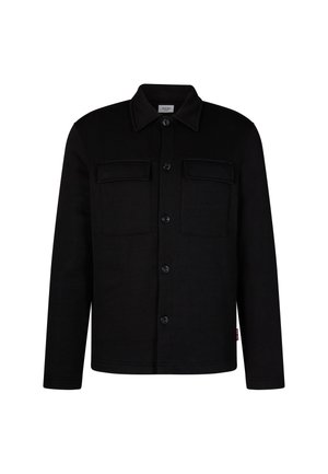 Giacca nera con collo a camicia, due tasche sul petto, chiusura frontale con bottoni e maniche lunghe. Realizzata in materiale tessuto testurizzato.