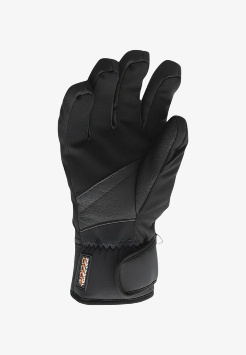 Guanto isolante nero con design elegante, materiale in pelle testurizzata, cuciture rinforzate e polsino elastico aderente per calore e comfort.