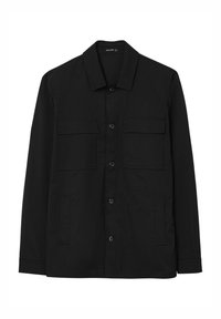Giacca nera con colletto, chiusura frontale con bottoni, due tasche sul petto e tasche laterali. Realizzata in tessuto liscio con finitura opaca.