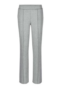 Helle graue gerade geschnittene Hose mit hohem Taillenbund und vertikalen Nahtdetails an der Vorderseite.