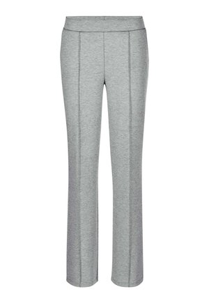 Lichtgrijze rechte broek met een hoge tailleband en verticale naaddetails aan de voorkant.