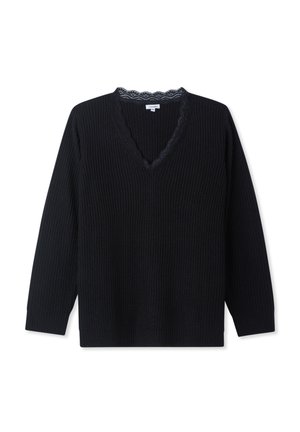 Maglione nero a maniche lunghe in maglia con scollo a V e bordo in pizzo attorno al collo, con polsini a costine e orlo, esposto piatto su sfondo bianco.