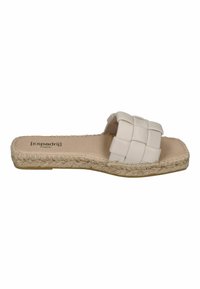 White woven espadrille slide with a textured upper, natural jute sole, and a flat design. Features a padded insole for comfort.