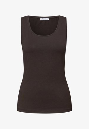 Débardeur marron foncé sans manches avec encolure dégagée et coupe ajustée, doté d'une petite étiquette blanche à l'intérieur du col.