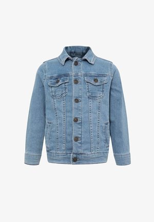 Světlemodrá džínová bunda s límečkem, předním zapínáním na knoflíky, dvěma náprsními kapsami a bočními kapsami na ruce s klasickým designem.