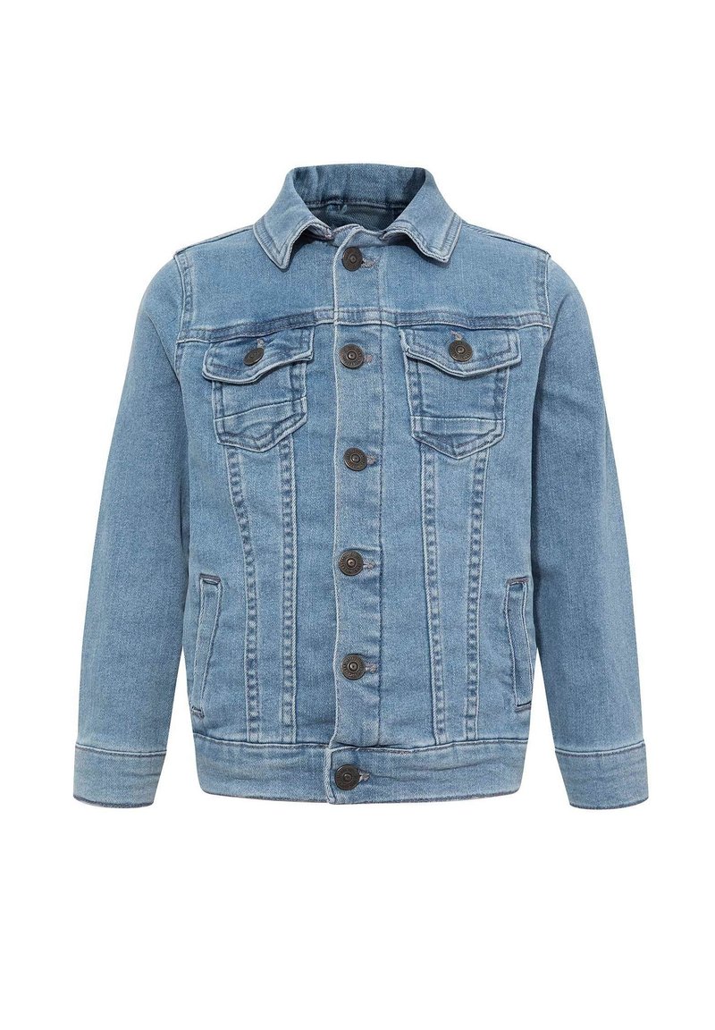 Ljusblå denimjacka med krage, framknäppning med knappar, två bröstfickor och sidofickor, med en klassisk design.