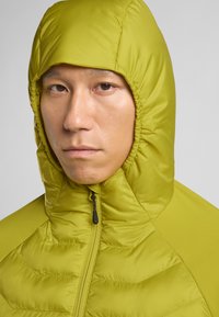 Limegrüne isolierte Jacke mit hohem Kragen und taillierter Kapuze. Verfügt über einen Reißverschluss an der Vorderseite und eine gesteppten Textur am Körper.