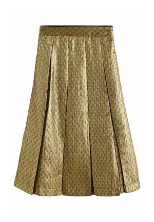 Gold quilted midi skirt with pleats and a fitted waistband, featuring a diamond pattern texture and a slight sheen.
