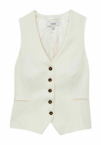 Gilet color crema con scollatura a V, cinque bottoni marroni sul davanti, due tasche laterali e una fodera interna liscia.