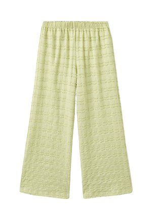 Pantalon ample vert citron à motif gaufré texturé avec une taille élastique, offrant une coupe ample et décontractée.