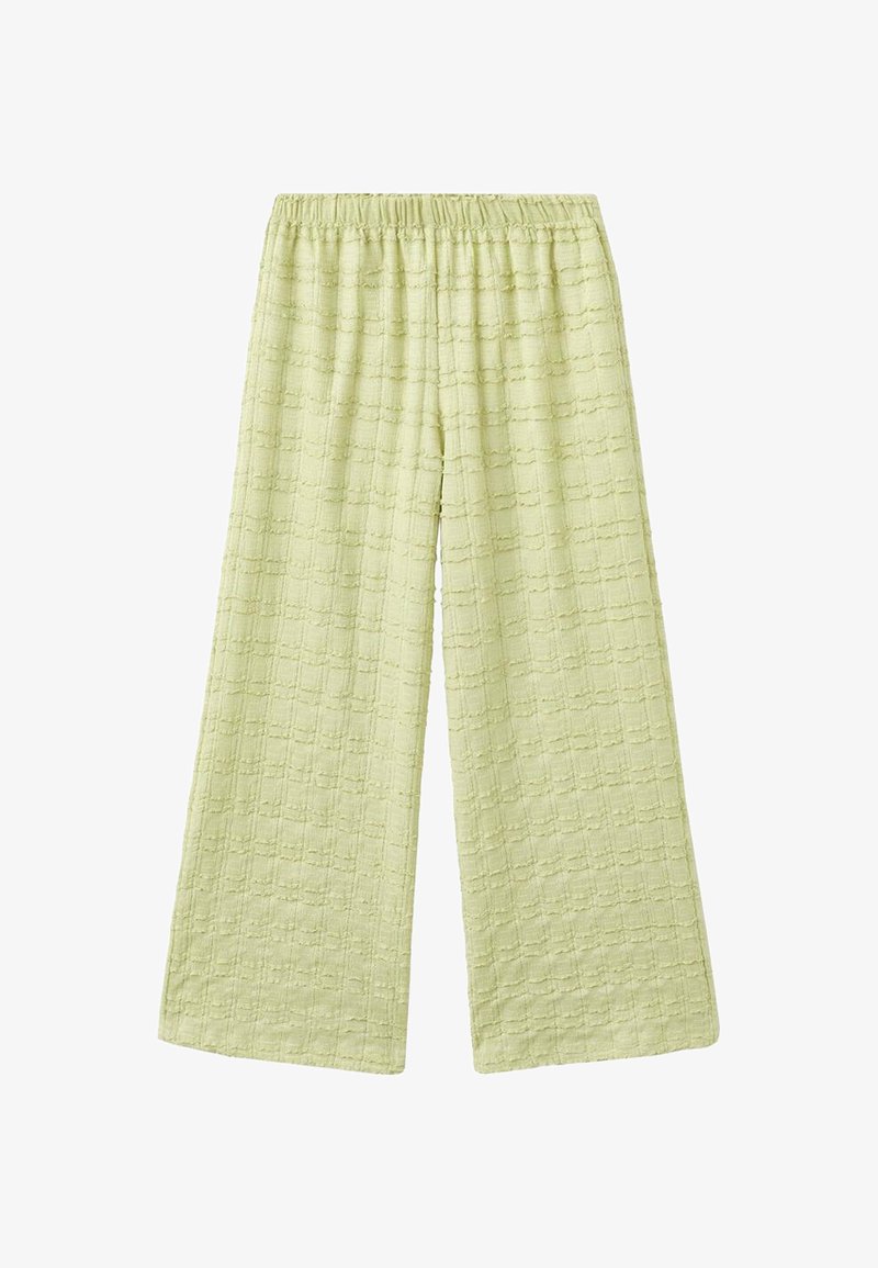 Pantalon ample vert citron à motif gaufré texturé avec une taille élastique, offrant une coupe ample et décontractée.