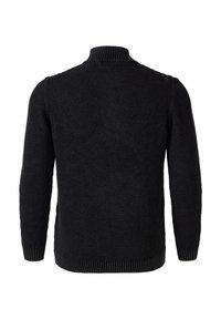 Schwarzer gestrickter Pullover mit strukturiertem Finish, hochgeschlossener Kragen, langen Ärmeln und geripptem Saum sowie Bündchen. Rückansicht angezeigt.