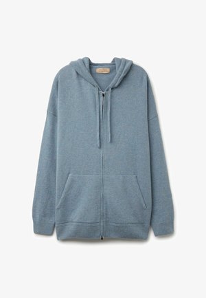 Jasnoniebieska bluza z zamkiem wykonaną z miękkiego materiału. Posiada kieszeń z przodu, ściągacze na mankietach oraz kaptur ze sznurkiem. Prosty design z minimalnymi detalami.