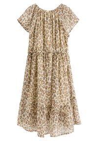 Beige leopardprint jurk met korte mouwen, een gegatherde taille en een gelaagde gerimpelde zoom. Gemaakt van lichte stof.