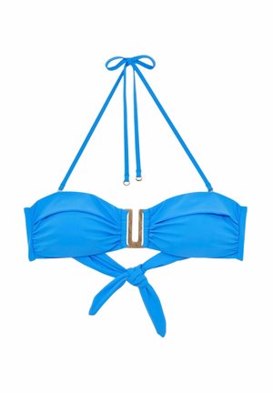 Sininen bikinin yläosa, jossa solmittu selkäosa, sidottava halterneck-niskasilmukka, kerätty kangas ja keskellä metallinen yksityiskohta. Sileä tekstuuri.