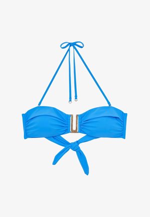 Sinine bikiinide ülaosa sõlmitava seljaosaga, millel on seotud kaelarihmakujundus, kogutud kangas ja keskel metalliline detail. Sile tekstuur.