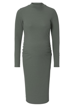 Robe à manches longues en jersey côtelé de couleur vert discret, avec un col haut et un détail froncé sur le côté, silhouette ajustée et ourlet au niveau du genou.