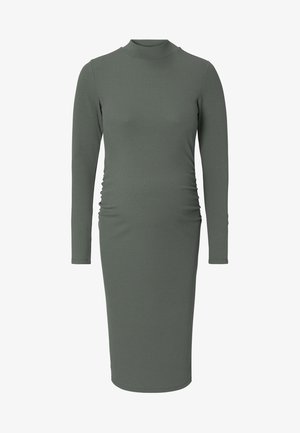Langarm, geribbelde jurk in gedempt groen met een hoge hals en geplooid zijdetail, aansluitende silhouet en een zoom die tot op de knie reikt.