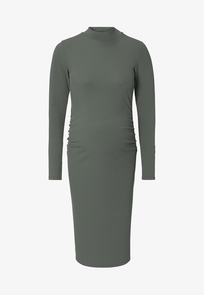 Langärmliges, geripptes Kleid in gedämpftem Grün mit hohem Kragen und gerafftem Seiten-Detail, taillierter Silhouette und knielangem Saum.