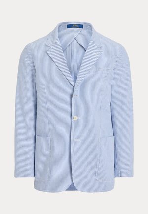 Pánske sako svetlomodré a biele s vertikálnymi pruhmi, s výrezmi na klopách, dvoma gombíkmi, tromi prednými vreckami a štítkom Polo Ralph Lauren vo vnútri.