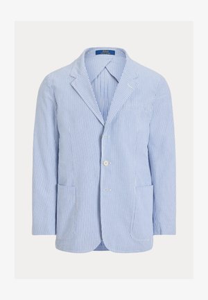 Pánske sako svetlomodré a biele s vertikálnymi pruhmi, s výrezmi na klopách, dvoma gombíkmi, tromi prednými vreckami a štítkom Polo Ralph Lauren vo vnútri.
