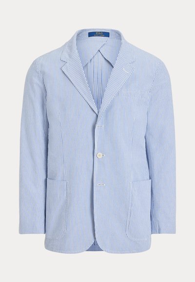 Pánske sako svetlomodré a biele s vertikálnymi pruhmi, s výrezmi na klopách, dvoma gombíkmi, tromi prednými vreckami a štítkom Polo Ralph Lauren vo vnútri.