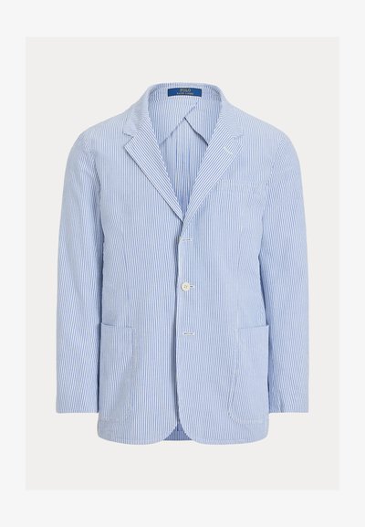 Pánske sako svetlomodré a biele s vertikálnymi pruhmi, s výrezmi na klopách, dvoma gombíkmi, tromi prednými vreckami a štítkom Polo Ralph Lauren vo vnútri.