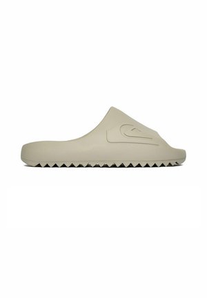 Sandalo slip-on beige con suola a zigzag testurizzata e logo a onda in rilievo sulla parte superiore, mostrato di profilo.