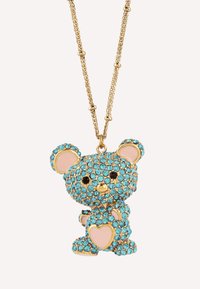 Halskette in Goldoptik mit einem Bärenanhänger, verziert mit blauen und pinken Strasssteinen. Herzförmiges Detail an der Vorderseite; strukturiert Oberfläche.