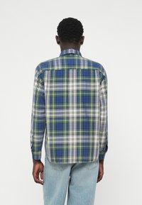 Chemise à manches longues à carreaux bleue, verte et blanche, avec un col boutonné et un empiècement au dos, dotée d'une coupe ajustée et de détails aux manches.