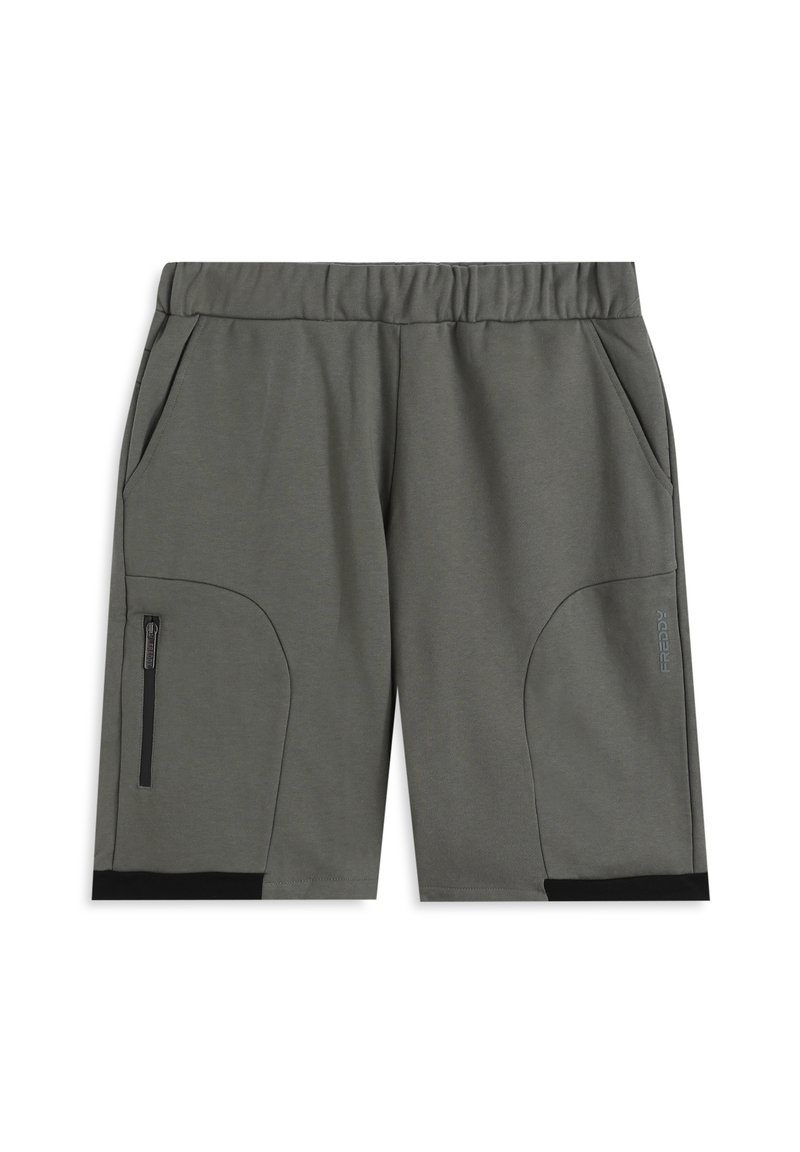 Pantalones cortos deportivos grises hechos de tela suave, con una cintura elástica, bolsillos laterales y bolsillos con cremallera con detalles en negro.