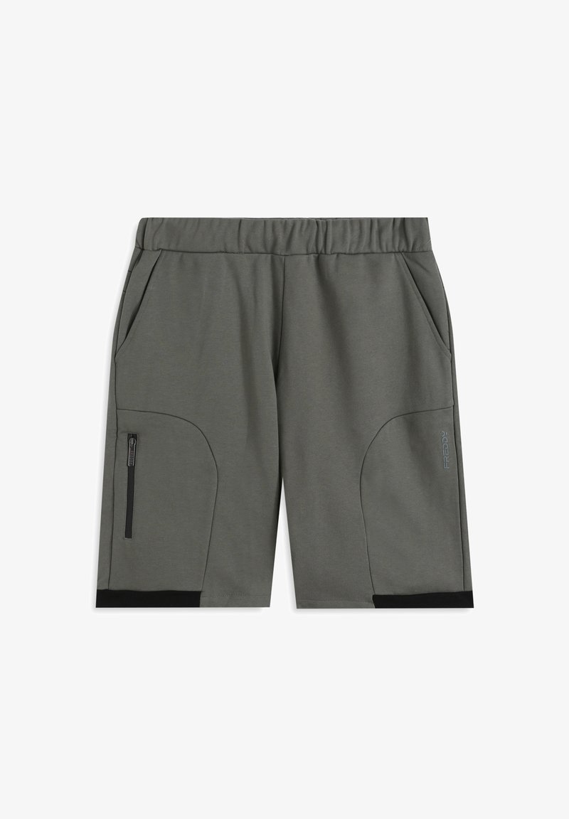 Pantalones cortos deportivos grises hechos de tela suave, con una cintura elástica, bolsillos laterales y bolsillos con cremallera con detalles en negro.