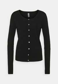 Svart långärmad cardigan i stickad tyg. Har en rund halsringning, knappstängning fram och ribbade manschetter och nederkant.