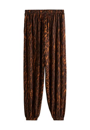 Pruunid püksid leopardimustriga, millel on kummist vöökoht, kitsenevad sääred ja pehme kangapind. Sobivad igapäevaseks kandmiseks.