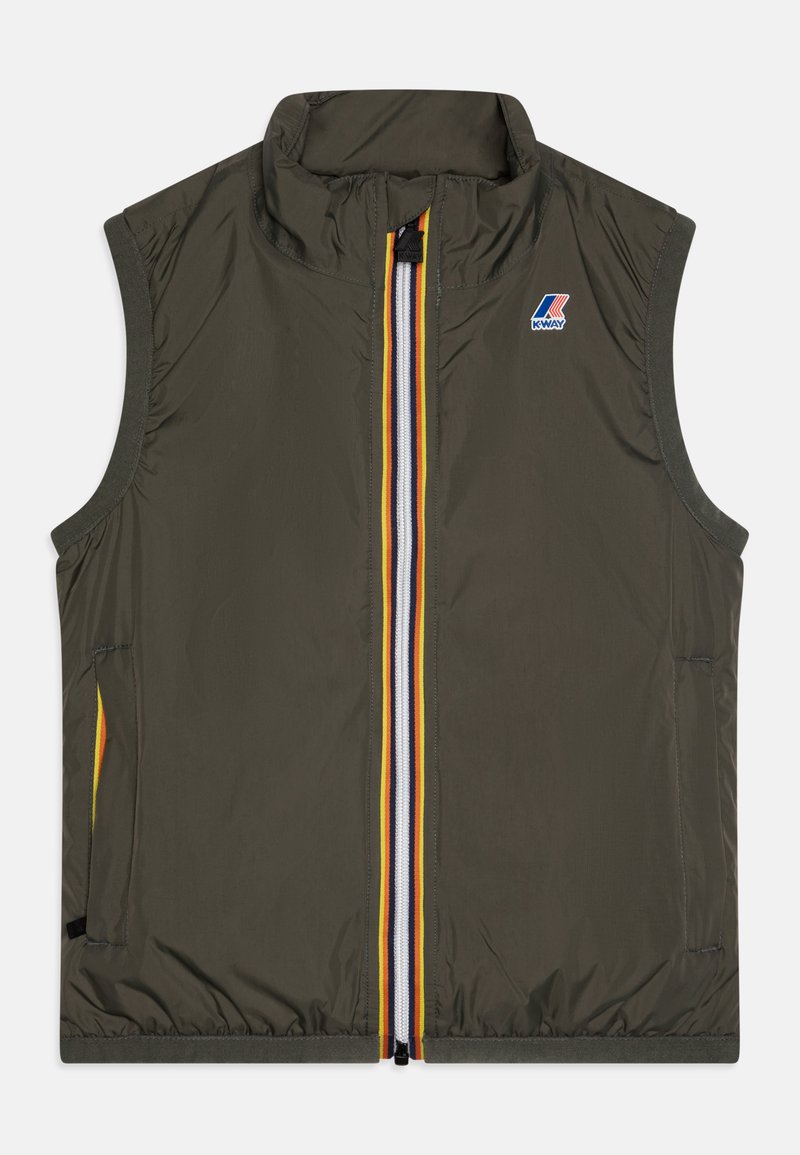 Gilet senza maniche verde oliva realizzato in materiale leggero, con zip frontale decorata da strisce multicolori e tasche laterali. Patch logo K-Way sul petto.