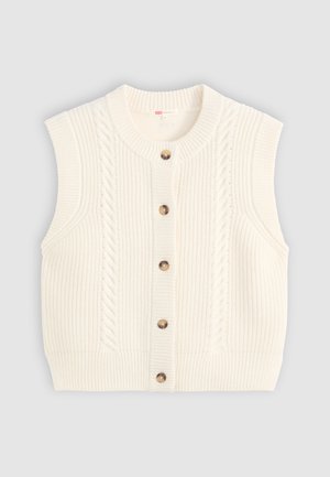 Gilet senza maniche in maglia color crema con colletto rotondo, caratterizzato da un motivo a trecce e cinque bottoni in legno marrone davanti.