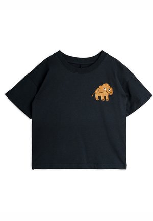 Black cotton t-shirt featuring a short-sleeve design and a small, orange elephant graphic on the chest. Smooth texture, classic fit.