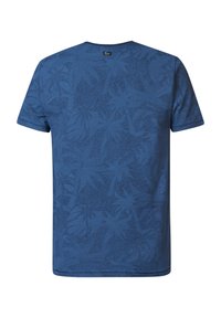 Korte mouwen blauwe t-shirt met een subtiel palmbladpatroon, gemaakt van lichte stof met een ronde halslijn en rechte zoom.