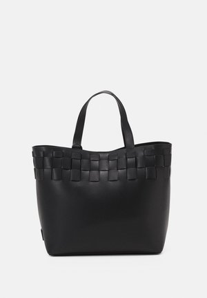 Black tote bag made of smooth leather with a woven strap design at the top. Features two sturdy handles and a structured shape.