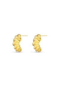 Goldfarbene Creolen mit einem welligen, schalenartigen Design, das eine glatte Textur und einen sicheren Steckerverschluss aufweist.