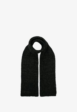 Gestrickter Schal in Dunkelgrau mit strukturiertem Finish. Lange, rechteckige Form, an einem Ende geschlungen. Subtile Farb- und Musteränderungen.