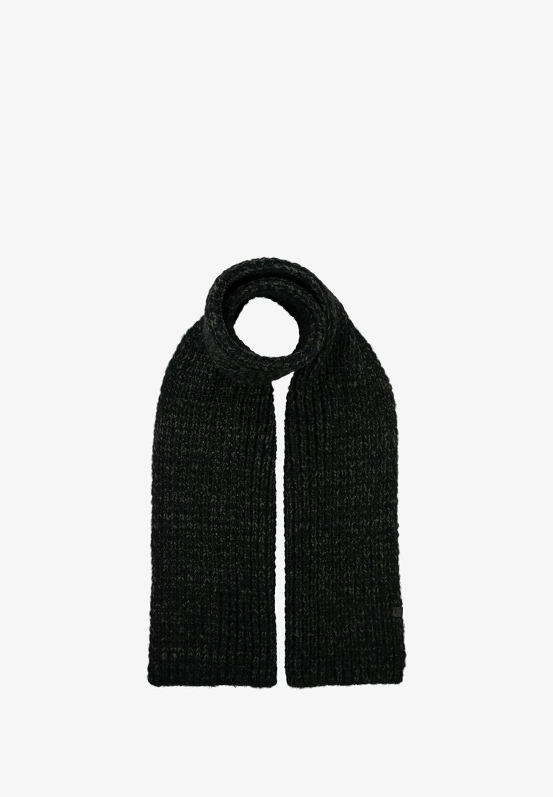 Gebreide sjaal in donkergrijs met een gestructureerde afwerking. Lange, rechthoekige vorm, met een lus aan één uiteinde. Subtiele variaties in kleur en patroon.