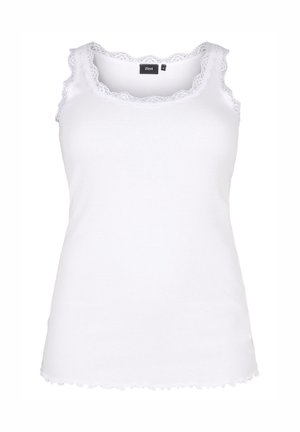 Vitt linne av mjuk tyg, med en vågig spetsdetalj runt halsringningen och ärmarna, samt en rak nederkant.