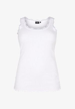 White tank top made of smooth fabric, featuring a scalloped lace trim around the neckline and arms, with a straight bottom hem.