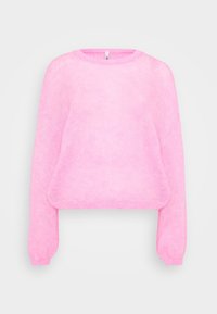 Rosa kortärmad tröja med rundad halsringning, långa ärmar och ribbade muddar. Tillverkad av lätt, texturerad stickad tyg.