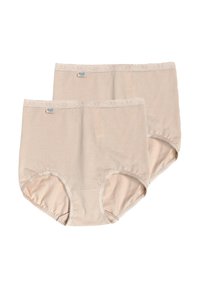 Slip in cotone beige con una texture liscia, vita elastica e bordi in pizzo lungo la parte superiore. Il pacchetto contiene due pezzi identici.