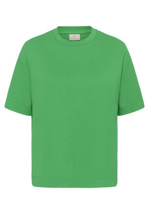 Green short-sleeve crew neck T-shirt with relaxed fit and visible brand label inside collar.