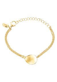 Bracelet en chaîne en or avec un charm ovale lisse à la surface polie. Deux styles de chaîne entrelacés rehaussent son design. Fermoir sécurisé inclus.