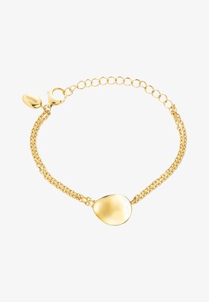 Guld kædearmbånd med en glat, oval vedhæng med en poleret overflade. To sammenflettede kædestile forbedrer designet. Sikker lukning inkluderet.